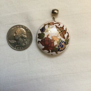 Vintage Cloisonné Guilloch Floral Butterfly Round Pendant